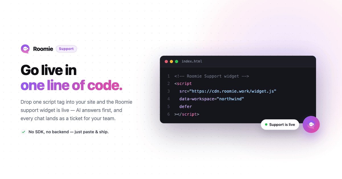 Ship Live Support Chat in One Script Tag - The RoomieSupport JavaScript API