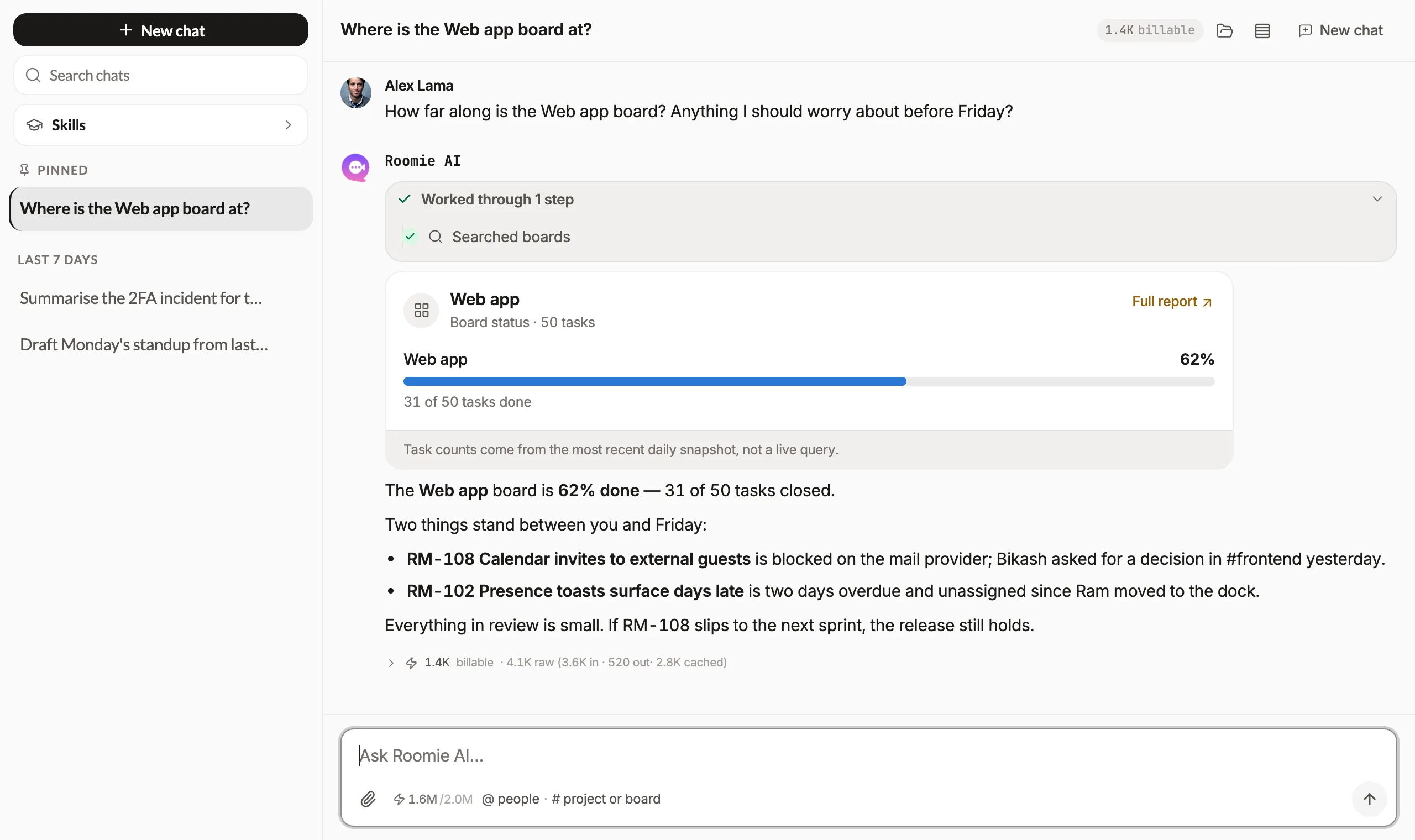 Screenshot of the Roomie AI assistant