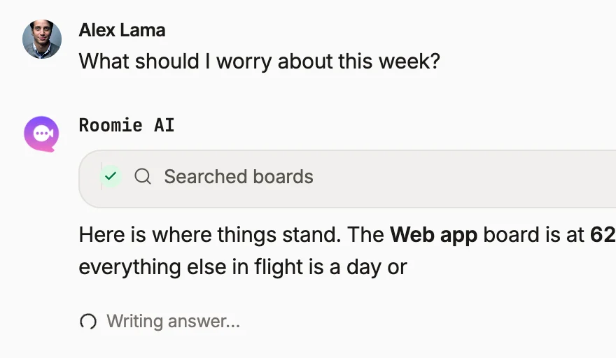A board status chart returned by Roomie's AI assistant