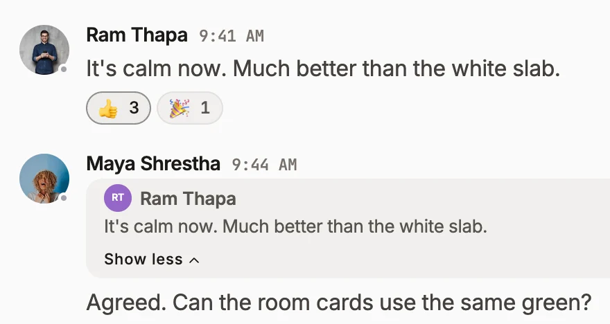 Two messages in a Roomie channel, with reactions and a quoted reply