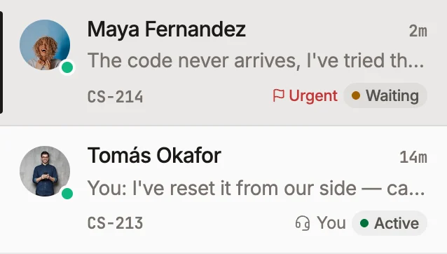 Two customer conversations in the Roomie support queue
