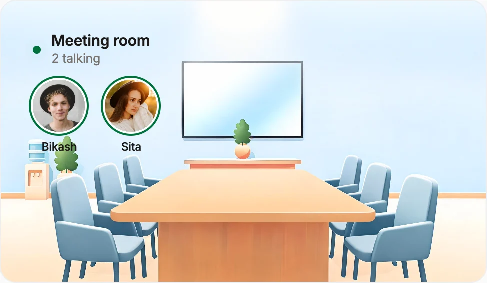 The meeting room in Roomie's virtual office, with two people talking
