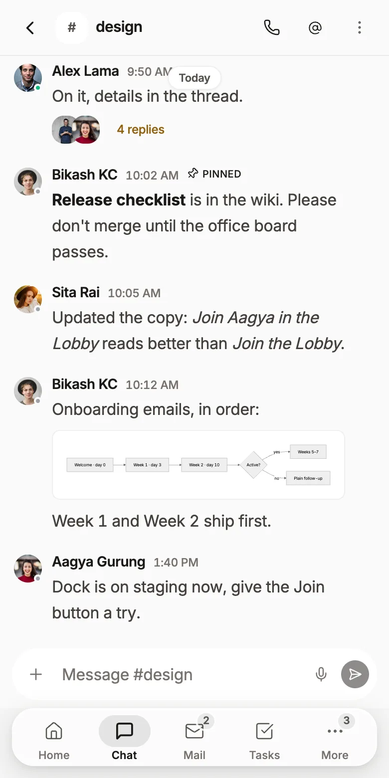 Screenshot of the Roomie team chat on a phone
