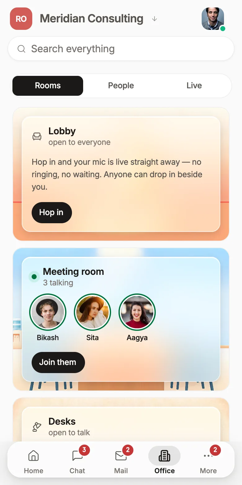 Screenshot of the Roomie virtual office on a phone