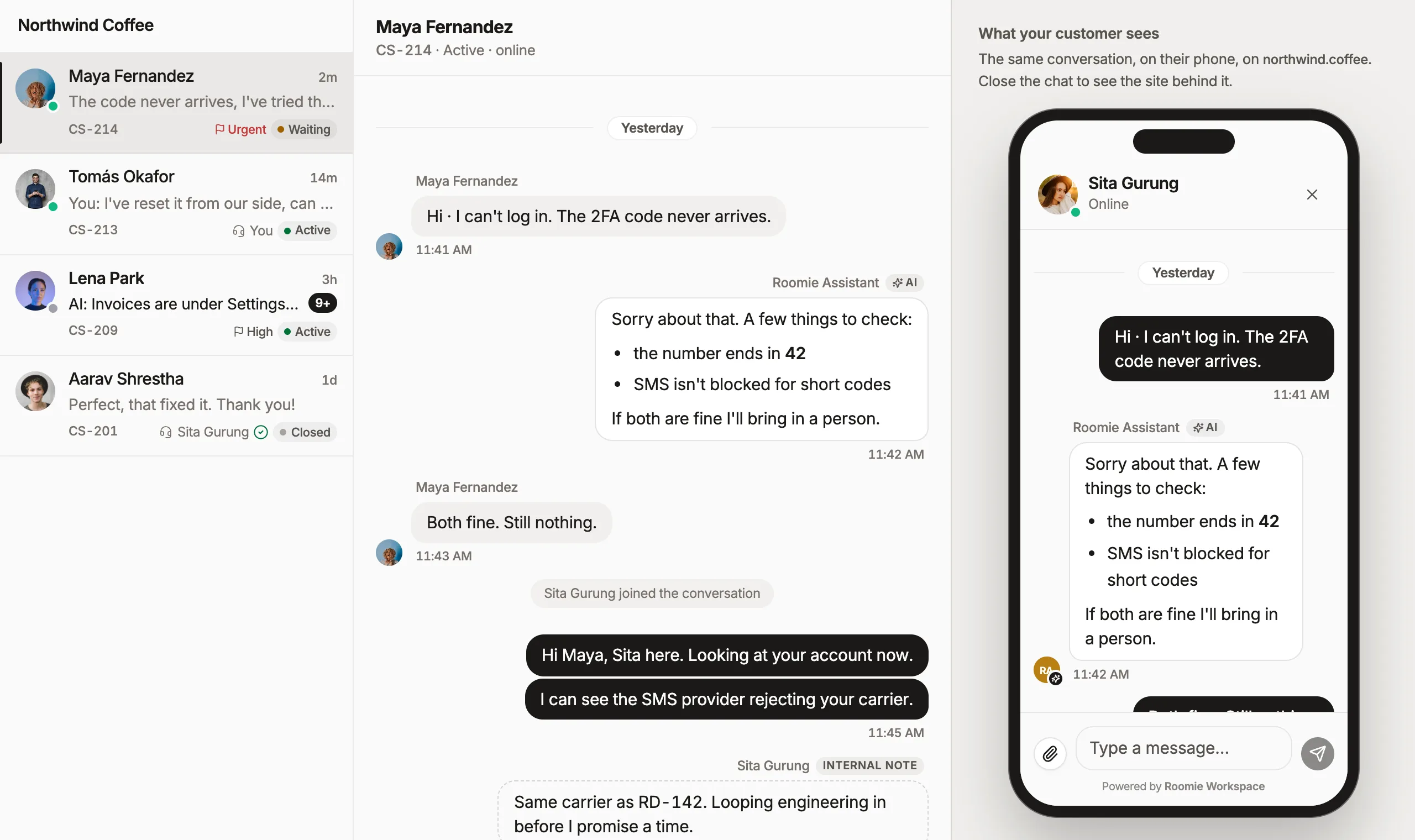 Screenshot of the Roomie support inbox