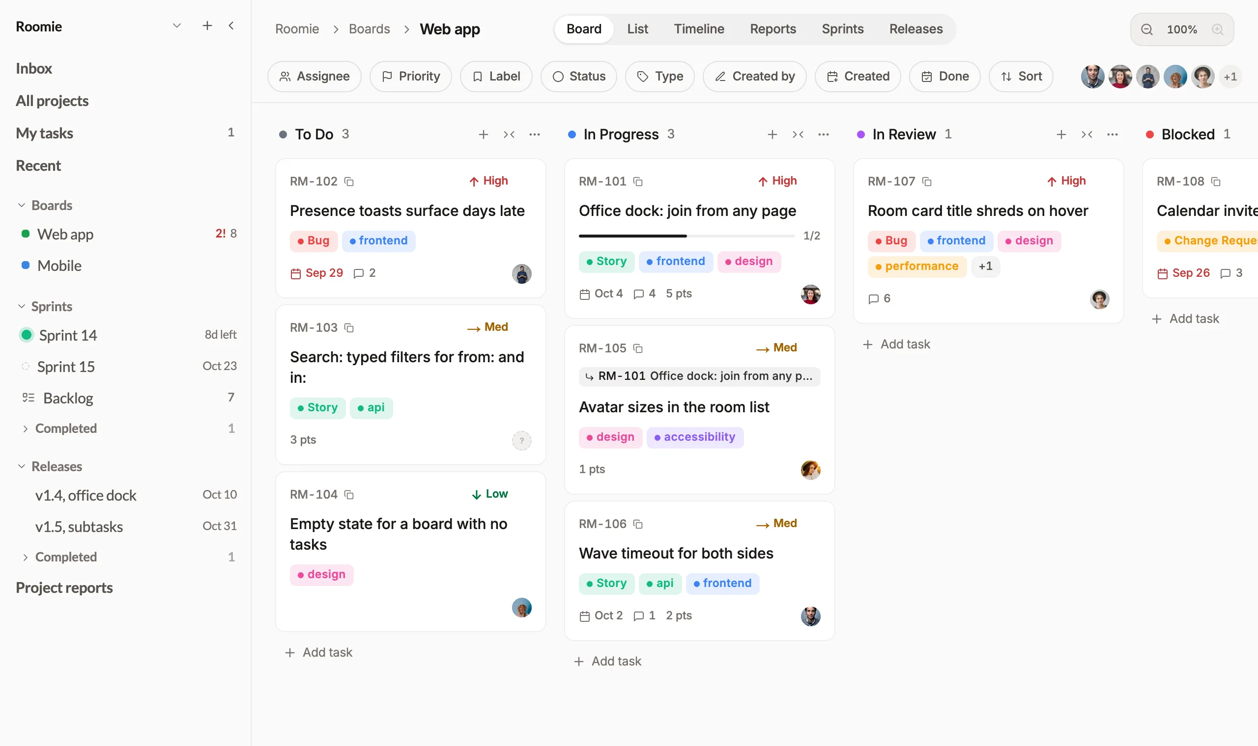 Screenshot of the Roomie task board