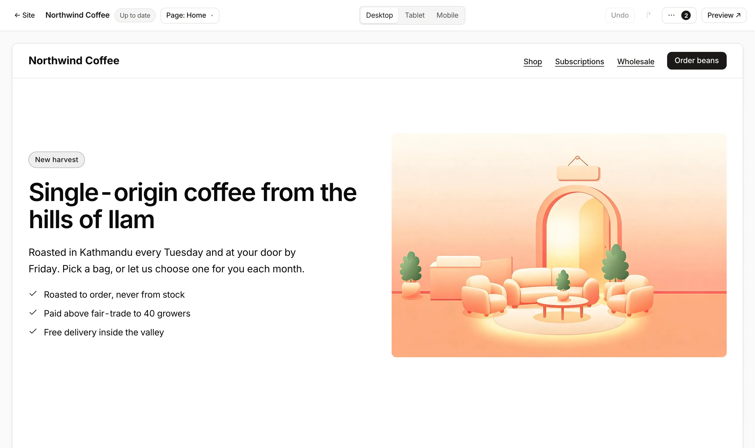 Screenshot of the Roomie website builder
